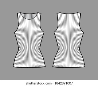 Ribbed cotton-jersey tank technical fashion illustration with slim fit, elongated hem, crew neckline. Flat outwear top apparel template front back, white color. Women, men unisex shirt knit CAD mockup