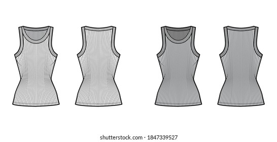 Ilustración técnica del tanque de algodón-jersey de lazo con cuello de cigüeñal ancho, longitud de la túnica del cuerpo de punto. Plantilla de ropa de camisón plana de color gris blanco delantero. Mujeres hombres unisex camiseta superior CAD