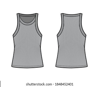 Ilustración técnica del tanque de algodón-jersey de lazo con cuello amplio de la cuchara, punto de ajuste relajante, longitud túnica. Ropa plana de ropa de camisola plantilla de ropa de camisol color de fondo gris delantero. Mujeres hombres unisex camiseta superior