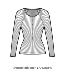 Ribbed cotton-jersey top technical fashion illustration with long raglan sleeves, slim fit, scoop henley neckline. Flat outwear shirt apparel template front, white color. Women men unisex knit CAD