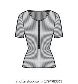 Ribbed cotton-jersey top technical fashion illustration with short sleeves, slim fit, scoop henley neckline. Flat outwear shirt apparel template front, grey color. Women men unisex knit CAD mockup