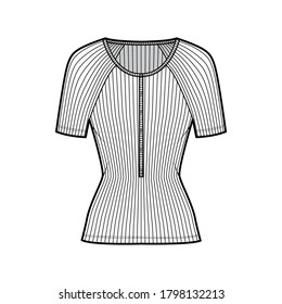 Ribbed cotton-jersey top technical fashion illustration with short raglan sleeves, slim fit, scoop henley neckline. Flat outwear shirt apparel template front, white color. Women men unisex knit CAD