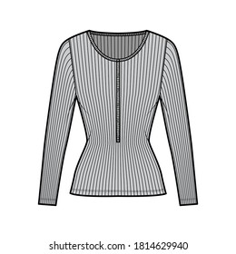 Ribbed cotton-jersey top technical fashion illustration with long sleeves, slim fit, scoop henley neckline. Flat outwear shirt apparel template front, grey color. Women, men unisex knit CAD mockup