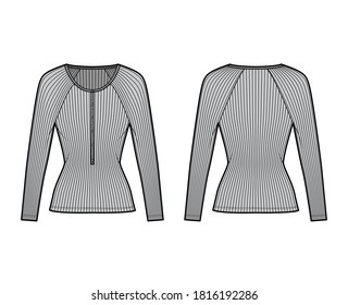 Ribbed cotton-jersey top technical fashion illustration with long raglan sleeves, slim fit, scoop henley neckline. Flat outwear shirt apparel template front, back grey color. Women men unisex knit CAD