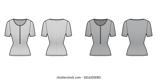 Ribbed cotton-jersey top technical fashion illustration with short sleeves, slim fit, scoop henley neckline. Flat outwear shirt apparel template front, back white grey color. Women men unisex knit CAD