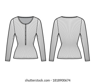 Ribbed cotton-jersey top technical fashion illustration with long sleeves, slim fit, scoop henley neckline. Flat outwear shirt apparel template front back white color. Women men unisex knit CAD mockup