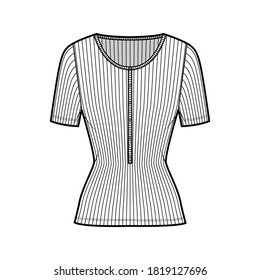 Ribbed cotton-jersey top technical fashion illustration with short sleeves, slim fit, scoop henley neckline. Flat outwear shirt apparel template front, white color. Women men unisex knit CAD mockup