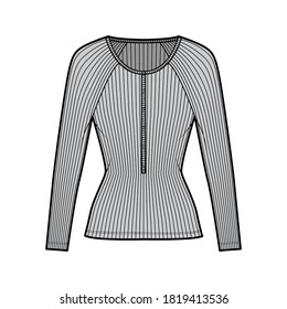 Ribbed cotton-jersey top technical fashion illustration with long raglan sleeves, slim fit, scoop henley neckline. Flat outwear shirt apparel template front, grey color. Women men unisex knit CAD