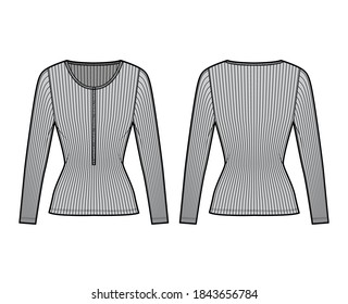 Ribbed cotton-jersey top technical fashion illustration with long sleeves, slim fit, scoop henley neckline. Flat outwear shirt apparel template front back grey color. Women, men unisex knit CAD mockup