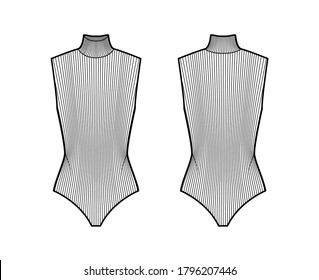 Ribbed cotton-jersey turtleneck bodysuit technical fashion illustration with fitted knit body, sleeveless. Flat outwear shirt apparel template front, back, white color. Women men unisex top CAD mockup
