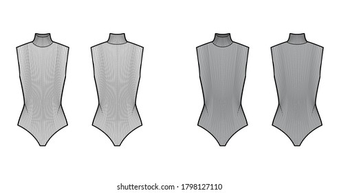 Ribbed cotton-jersey turtleneck bodysuit technical fashion illustration with fitted knit body, sleeveless. Flat outwear apparel template front, back, white, grey color. Women men unisex top CAD mockup