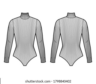 Ribbed cotton-jersey turtleneck bodysuit technical fashion illustration with fitted knit body. Flat outwear basic shirt apparel template front back, white color. Women men unisex shirt top CAD mockup