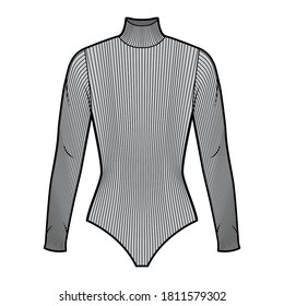 Ribbed cotton-jersey turtleneck bodysuit technical fashion illustration with fitted knit body. Flat outwear basic shirt apparel template front, grey color. Women men unisex shirt top CAD mockup