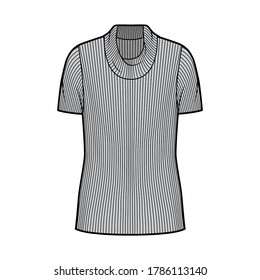 Ribbed cowl turtleneck knit sweater technical fashion illustration with short rib sleeves, oversized body tunic length. Flat outwear apparel template front white color. Women men unisex shirt top CAD