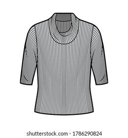 Ribbed cowl turtleneck knit sweater technical fashion illustration with elbow sleeves, oversized body. Flat sweater apparel template front, grey color. Women CAD garment mockup for designer