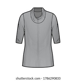 Ribbed cowl turtleneck knit sweater technical fashion illustration with elbow sleeves, oversized body, tunic length. Flat sweater apparel template front, grey color.Women CAD garment mockup for designer