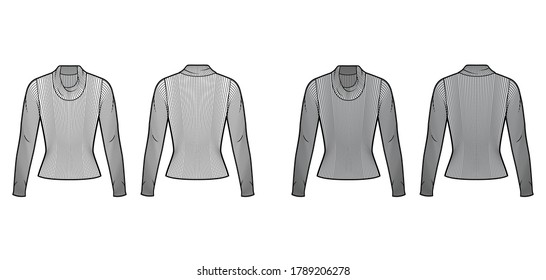 Ribbed cowl turtleneck knit sweater technical fashion illustration with long sleeves, close-fitting shape. Flat sweater apparel template front, back white grey color. Women, men, unisex shirt top CAD