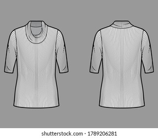 Ribbed cowl turtleneck knit sweater technical fashion illustration with elbow sleeves, oversized body, tunic length. Flat sweater apparel template front, back white color. Women, men unisex shirt top