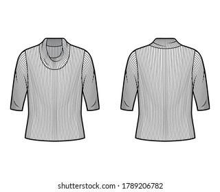 Ribbed cowl turtleneck knit sweater technical fashion illustration with elbow sleeves, oversized body. Flat sweater apparel template front, back white color. Women, men unisex shirt top CAD mockup