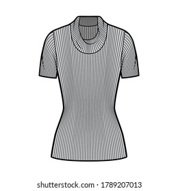 Ribbed cowl turtleneck knit sweater technical fashion illustration with short rib sleeves, tunic length. Flat outwear apparel template front, grey color. Women, men, unisex shirt top CAD mockup