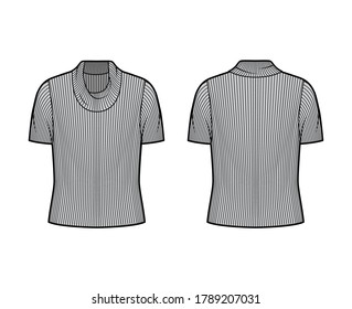 Ribbed cowl turtleneck knit sweater technical fashion illustration with short rib sleeves, oversized body. Flat outwear apparel template front, back grey color. Women, men unisex shirt top CAD mockup