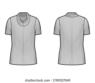 Ribbed cowl turtleneck knit sweater technical fashion illustration with short rib sleeves, oversized body tunic length. Flat outwear apparel template front back white color. Women men unisex shirt top