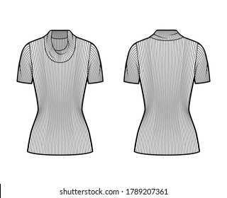 Ribbed cowl turtleneck knit sweater technical fashion illustration with short rib sleeves, tunic length. Flat outwear apparel template front, back white color. Women, men, unisex shirt top CAD mockup