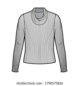 Ribbed cowl turtleneck knit sweater technical fashion illustration with long sleeves, oversized body. Flat sweater apparel template front white color. Women men unisex shirt top CAD mockup