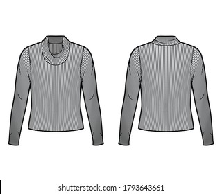 Ribbed cowl turtleneck knit sweater technical fashion illustration with long sleeves, oversized body. Flat sweater apparel template front back grey color. Women men unisex shirt top CAD mockup