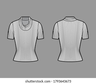 Ribbed cowl turtleneck knit sweater technical fashion illustration with short rib sleeves, close-fitting shape. Flat sweater apparel template front, back white color. Women, men, unisex shirt top CAD