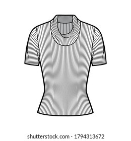 Ribbed cowl turtleneck knit sweater technical fashion illustration with short rib sleeves, close-fitting shape. Flat sweater apparel template front, white color. Women, men unisex shirt top CAD mockup