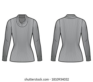 Ribbed cowl turtleneck knit sweater technical fashion illustration with long sleeves, close-fitting shape, tunic length. Flat sweater apparel template front back grey color. Women men unisex shirt top