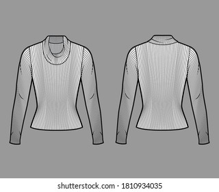 Ribbed cowl turtleneck knit sweater technical fashion illustration with long sleeves, close-fitting shape. Flat sweater apparel template front, back white color. Women, men unisex shirt top CAD mockup
