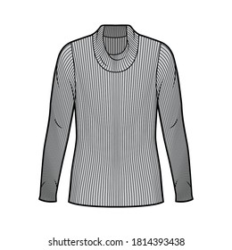 Ribbed cowl turtleneck knit sweater technical fashion illustration with long sleeves, oversized body, tunic length. Flat sweater apparel template front grey color. Women men unisex shirt top CAD