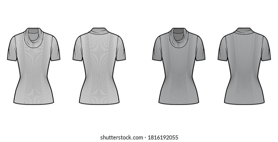 Ribbed cowl turtleneck knit sweater technical fashion illustration with short rib sleeves, tunic length. Flat outwear apparel template front, back white grey color. Women, men, unisex shirt top CAD