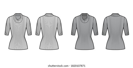 Ribbed cowl turtleneck knit sweater technical fashion illustration with elbow sleeves, close shape, tunic length. Flat sweater apparel template front, back white grey color. Women men unisex top CAD
