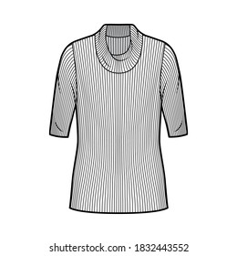 Ribbed cowl turtleneck knit sweater technical fashion illustration with elbow sleeves, oversized body, tunic length. Flat sweater apparel template front, white color. Women, men unisex shirt top