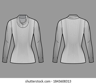 Ribbed cowl turtleneck knit sweater technical fashion illustration with long sleeves, close-fitting shape tunic length. Flat sweater apparel template front back white color. Women men unisex shirt top