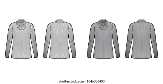 Ribbed cowl turtleneck knit sweater technical fashion illustration with long sleeves, oversized, tunic length. Flat sweater apparel template front back white grey color. Women men unisex shirt top CAD