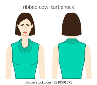 Ribbed cowl turtlenecks neckline clothes character beautiful lady in top, shirt, dress technical fashion illustration with fitted body. Flat apparel template front, back sides. Women men unisex mockup