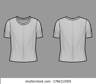 Ribbed crew neck knit sweater technical fashion illustration with short rib sleeves, oversized body. Flat outwear apparel template front, back white color. Women, men unisex shirt top CAD mockup
