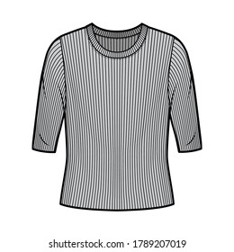 Ribbed Crew Nacken Strickpult technische Mode Illustration mit Ellenbogenärmel, überdimensionierten Körper. Flaches Outwear-Kleidungsstück vorne, graue Farbe. Frauen, Männer Unisex-Shirt Top-CAD-Modell nach oben