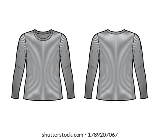 Ribbed crew neck knit sweater technical fashion illustration with long sleeves, oversized body, tunic length. Flat outwear apparel template front back grey color. Women men unisex shirt top CAD