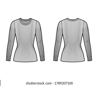 Ribbed crew neck knit sweater technical fashion illustration with long sleeves, close-fitting shape tunic length. Flat outwear apparel template front back white color. Women men unisex shirt top CAD