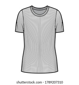Ribbed crew neck knit sweater technical fashion illustration with short rib sleeves, oversized body tunic length. Flat outwear apparel template front white color. Women men unisex shirt top mockup