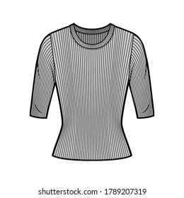 Ribbed crew neck knit sweater technical fashion illustration with short rib sleeves, tunic length. Flat outwear apparel template front, grey color. Women, men, unisex shirt top CAD mockup