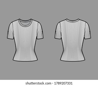Ilustración técnica de la moda del suéter del cuello de la tripulación de la culata con mangas cortas de costilla, forma de ajuste cercano. Delantera de la plantilla de ropa de vestir para ropa de vestir plana, color blanco trasero. Mujeres, hombres, unisex camiseta top CAD