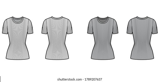 Ilustración técnica de la moda del suéter del cuello de la tripulación de la culata con mangas cortas de costilla, longitud túnica. Plantilla de prendas de vestir planas delantera, color gris negro. Mujeres, hombres, unisex camiseta top CAD