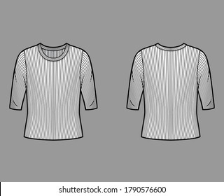Ribbed crew neck knit sweater technical fashion illustration with elbow sleeves, oversized body. Flat outwear apparel template front, back white color. Women, men unisex shirt top CAD mockup