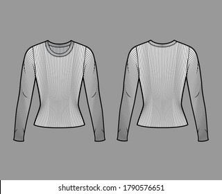 Ribbed crew neck knit sweater technical fashion illustration with long sleeves, close-fitting shape. Flat outwear apparel template front, back white color. Women men, unisex shirt top CAD mockup